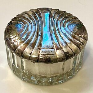 Vintage Crystal Powder Jar Trinket Box Vanity Pot Art Deco Silver Plated Lid NIB